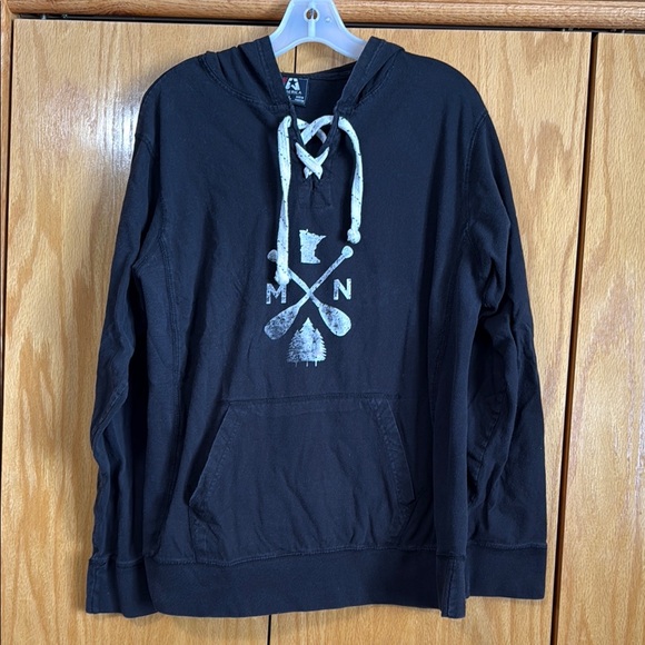 J.America Tops - Black Pullover Hoodie with Lace-Up Neckline and Long Sleeves